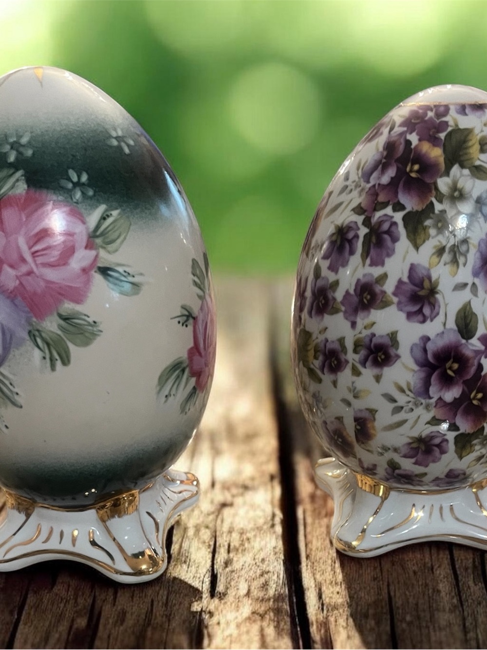 Hand-Painted Porcelain Decorative Egg with Purple Floral Design
